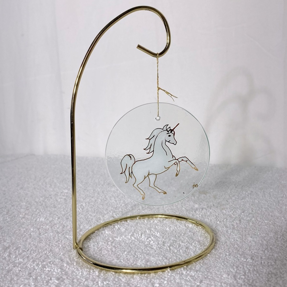 Vintage 1993 Hanging Unicorn Glass Sun Catcher Ornament with Gold Stand